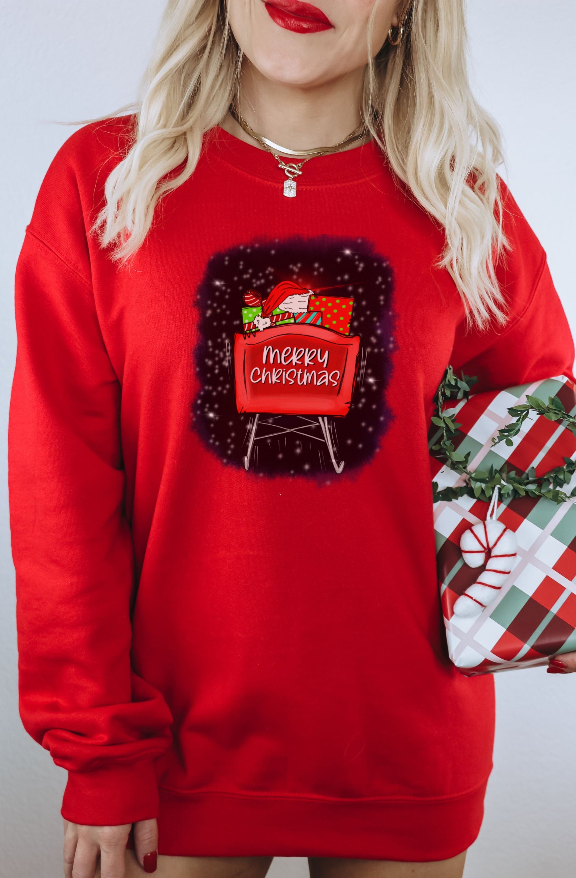 Festive Merry Christmas Red Sweatshirt with Gift Box Design