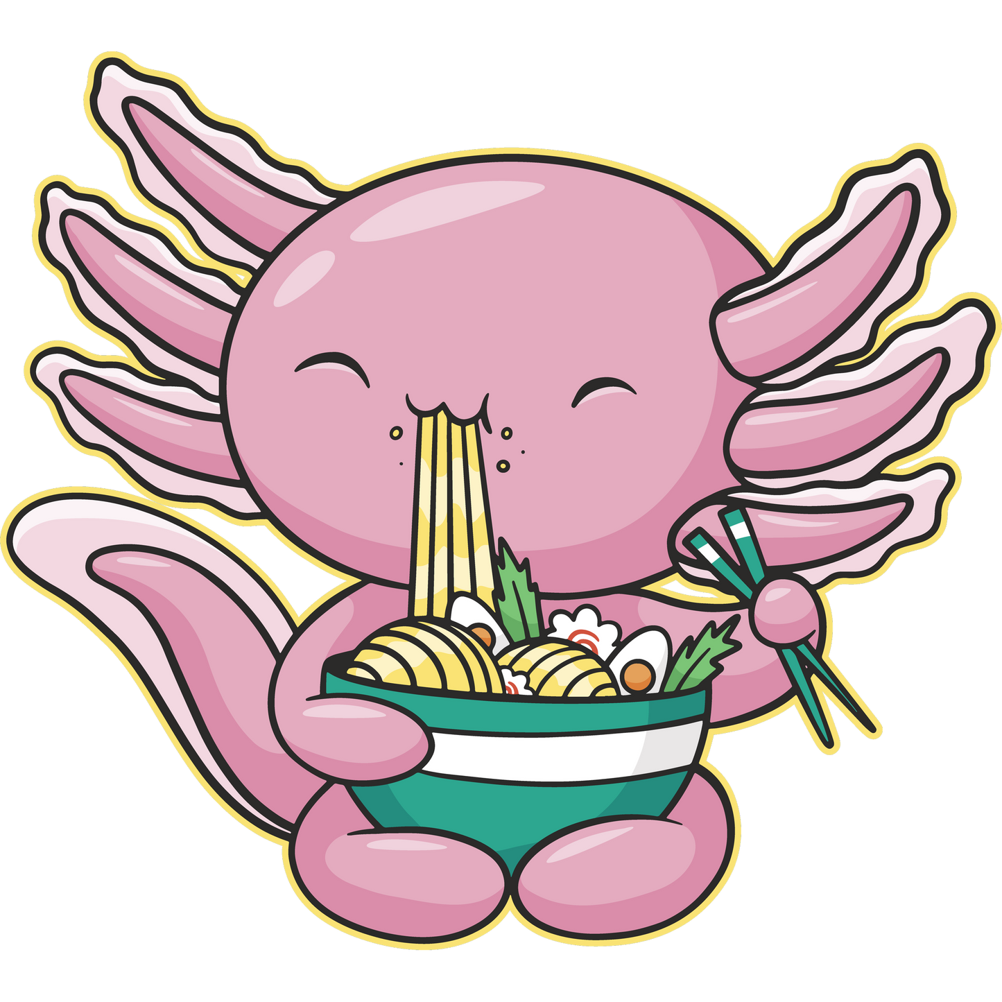Adorable Axolotl Enjoying Bowl of Noodles Sticker