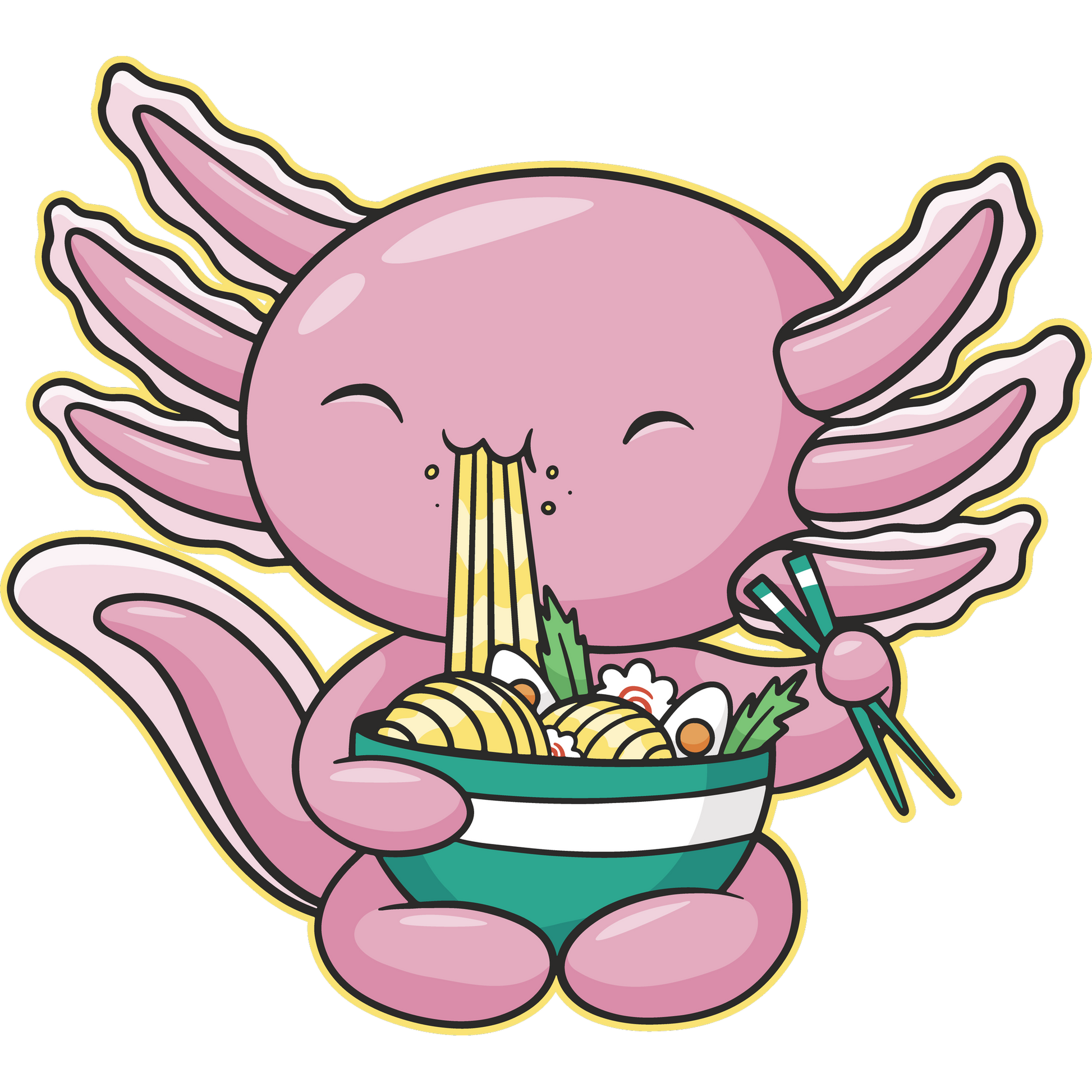Adorable Axolotl Enjoying Bowl of Noodles Sticker