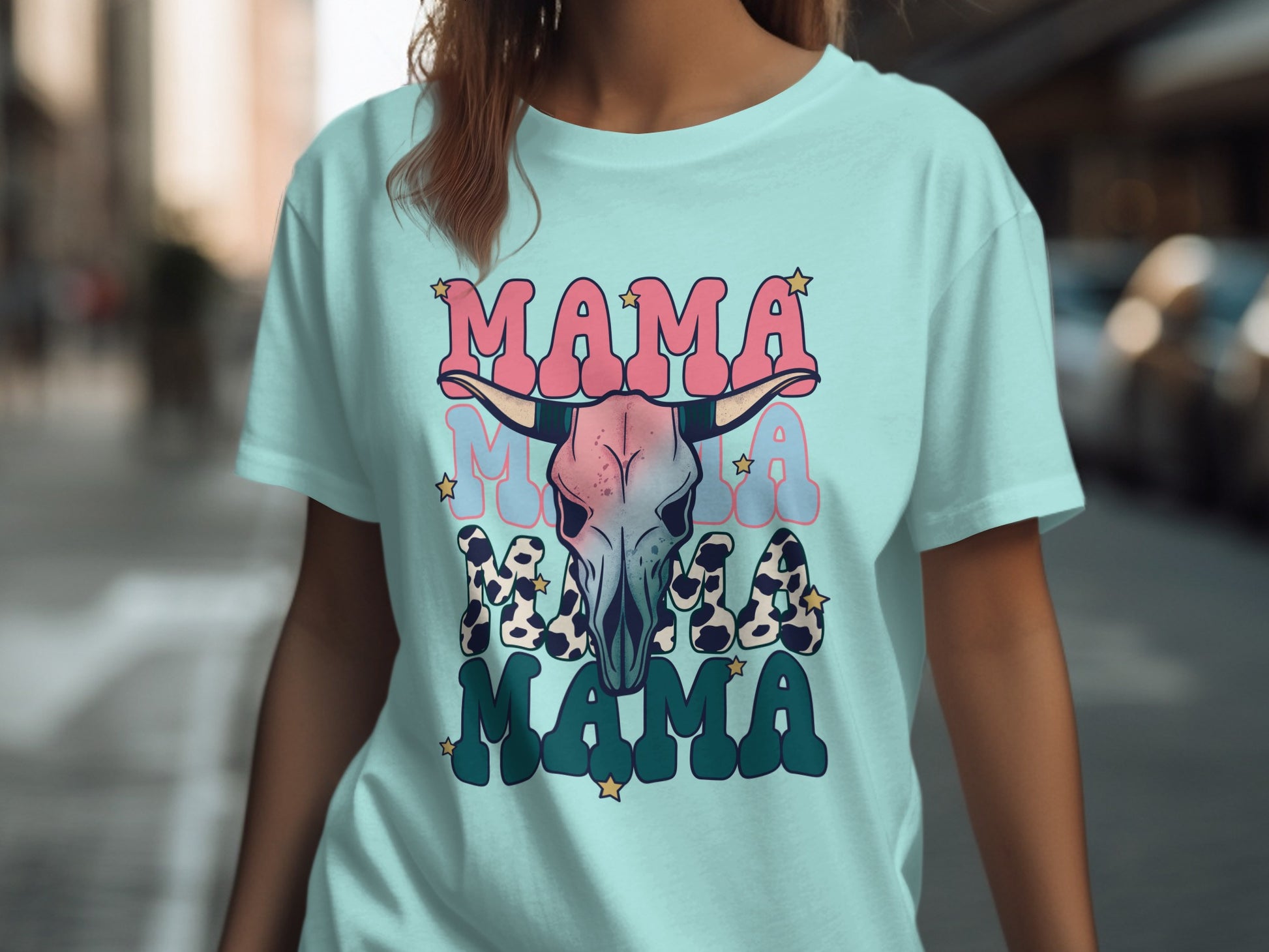 Trendy MAMA Graphic Tee with Bull Skull Design