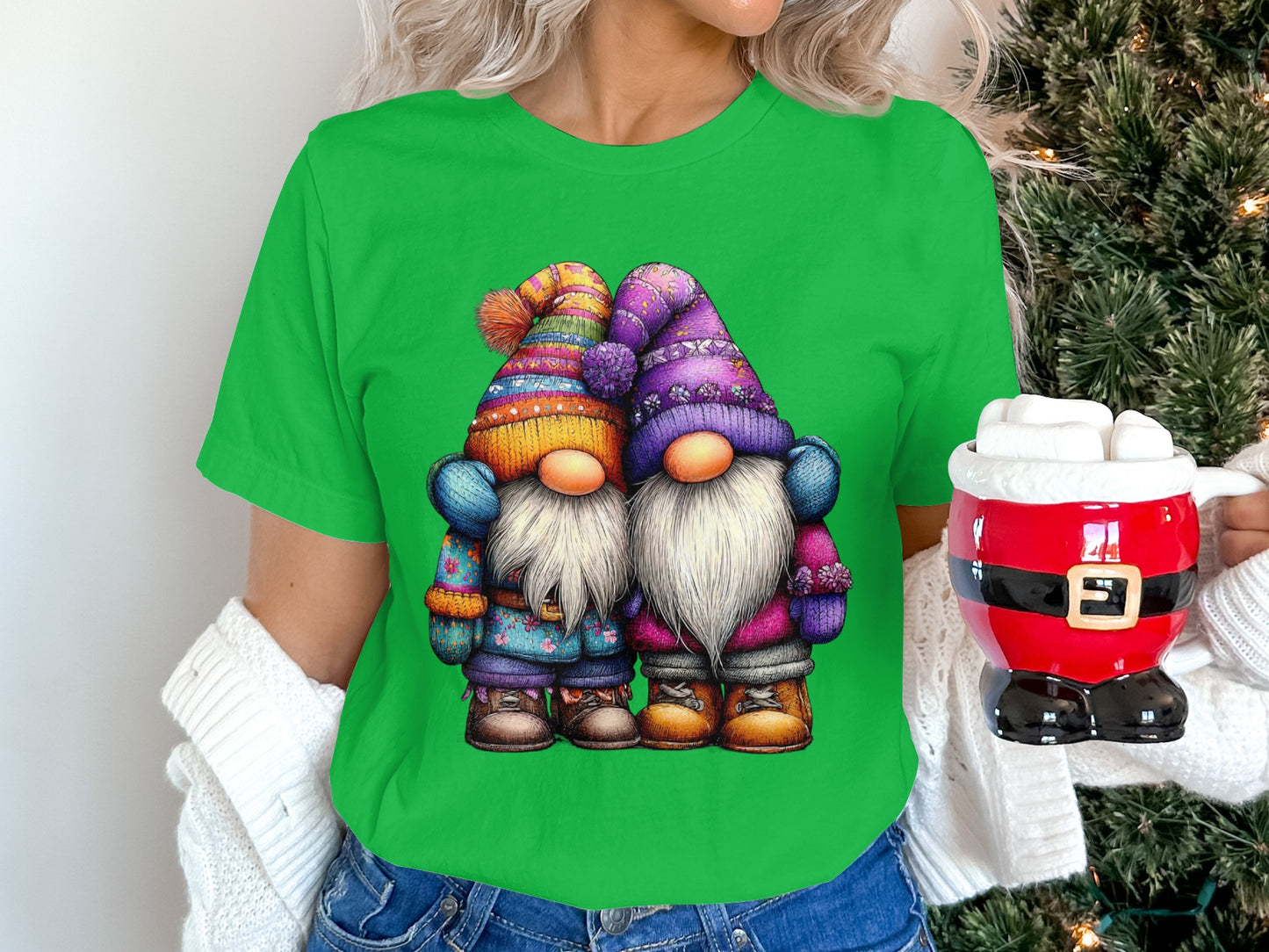 Festive Gnome Couple in Colorful Winter Attire t-shirt