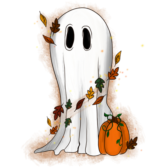 Cute Friendly Ghost with Autumn Leaves Illustration