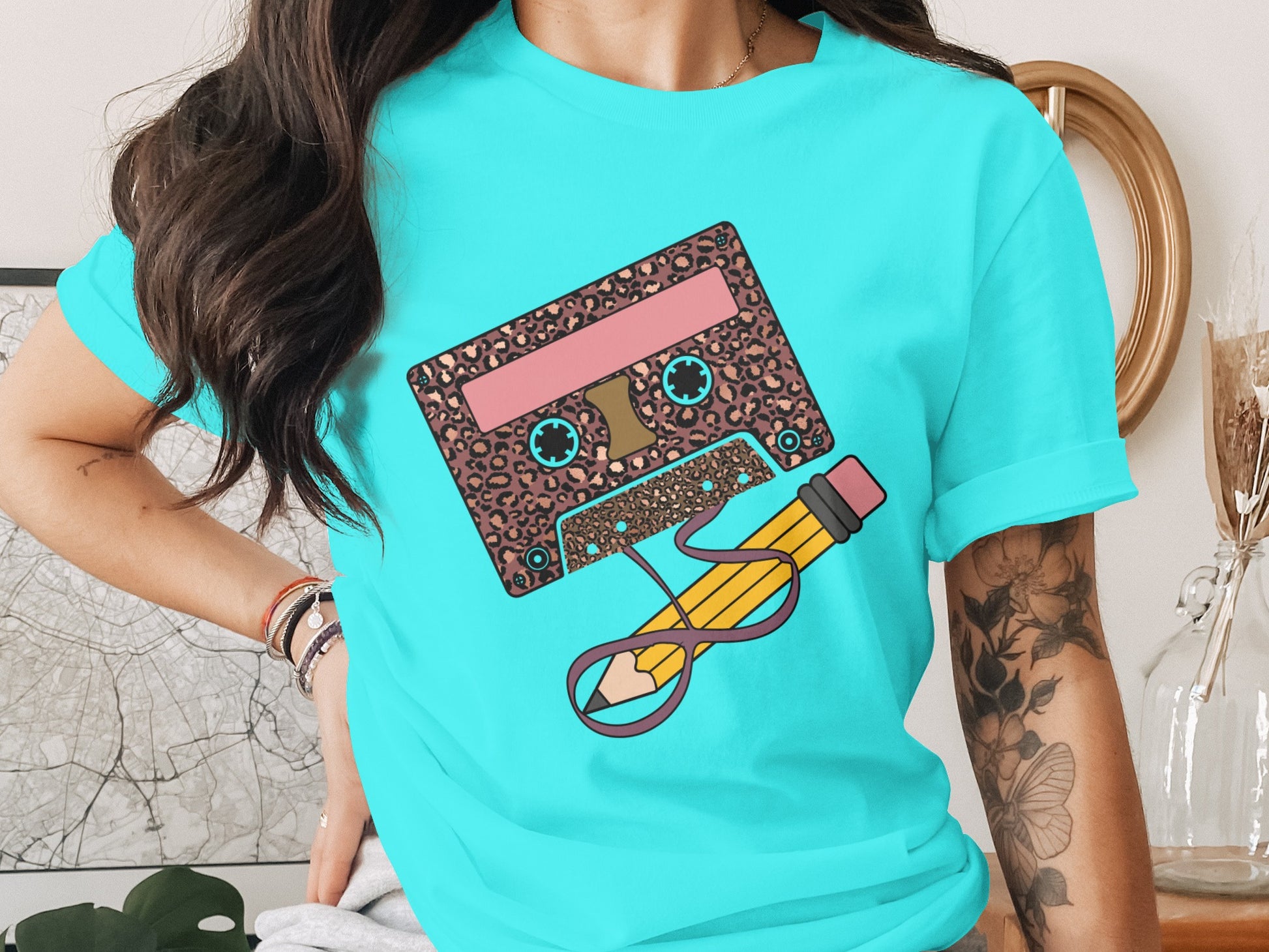 Retro Leopard Cassette Tape with Pencil T-shirt