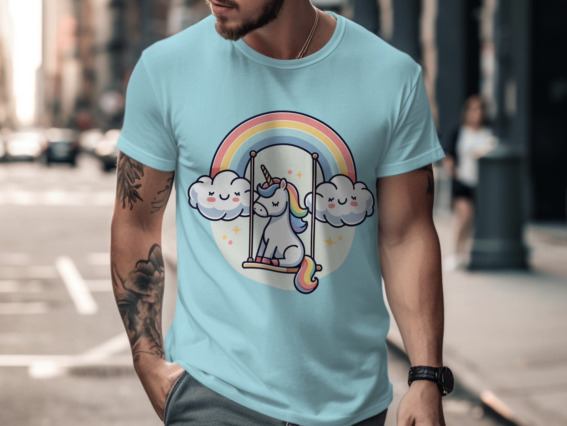 Whimsical Unicorn Swinging on Rainbow T-Shirt