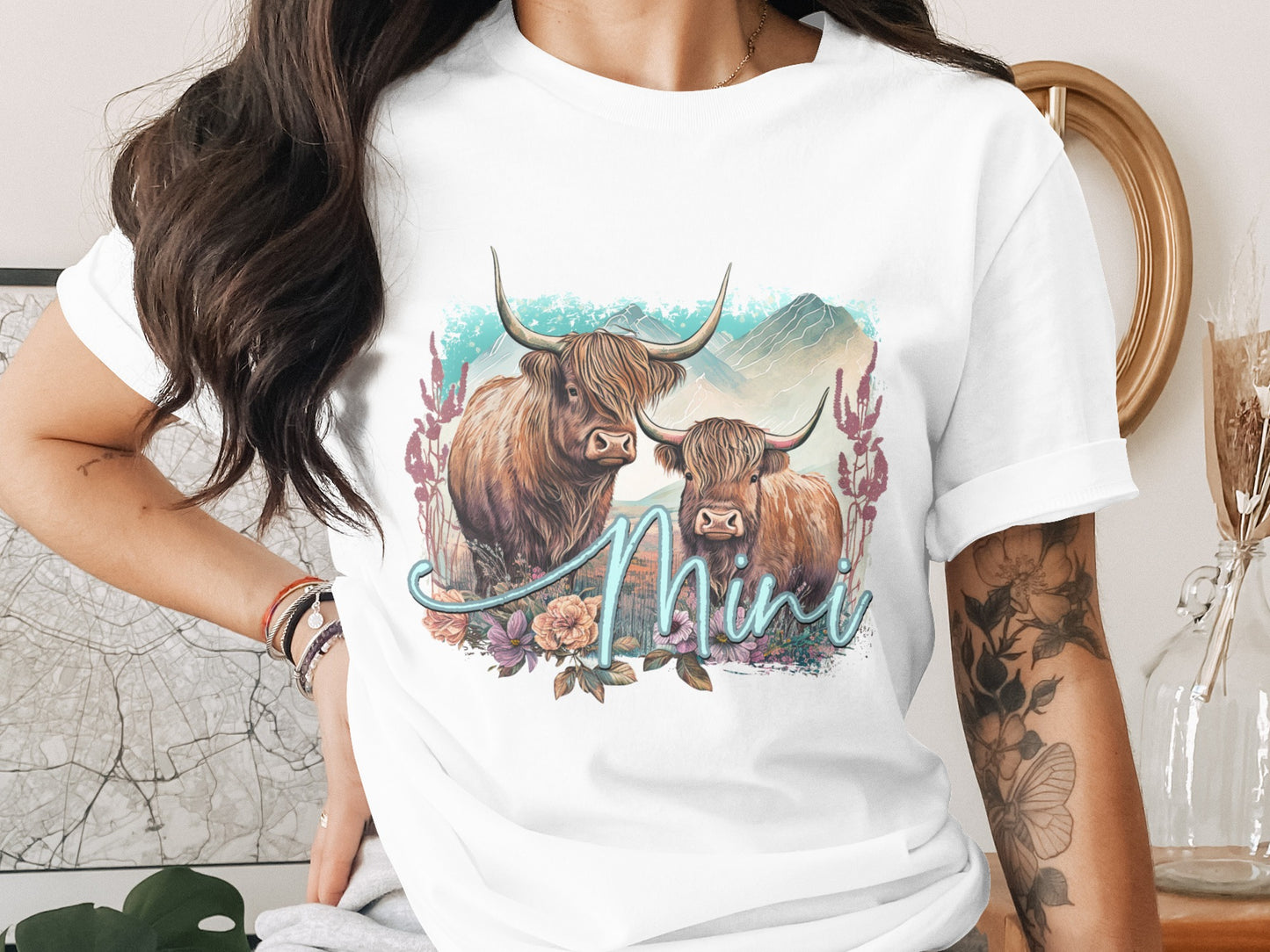 Mini Highland Cows with Floral Design T-shirt