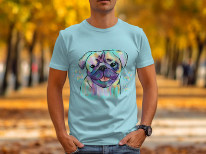 Cute Pug Design on Light Blue Short Sleeve T-Shirt