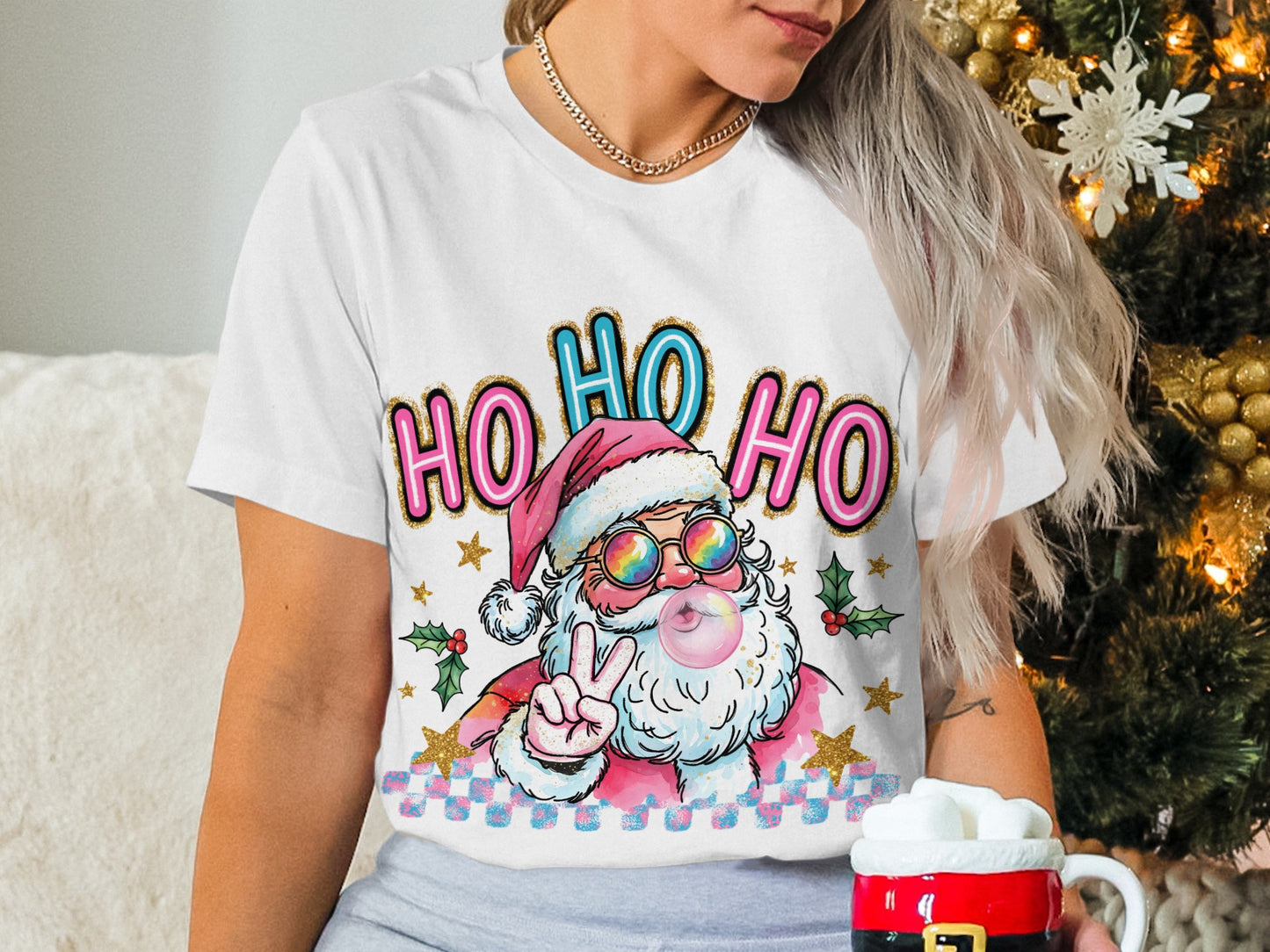 Retro Santa Claus T-Shirt, Bubble Gum Ho Ho Ho Tee, Christmas Santa Shirt, Peace Sign Santa Claus, Holiday T-Shirt, Groovy Santa T-Shirt