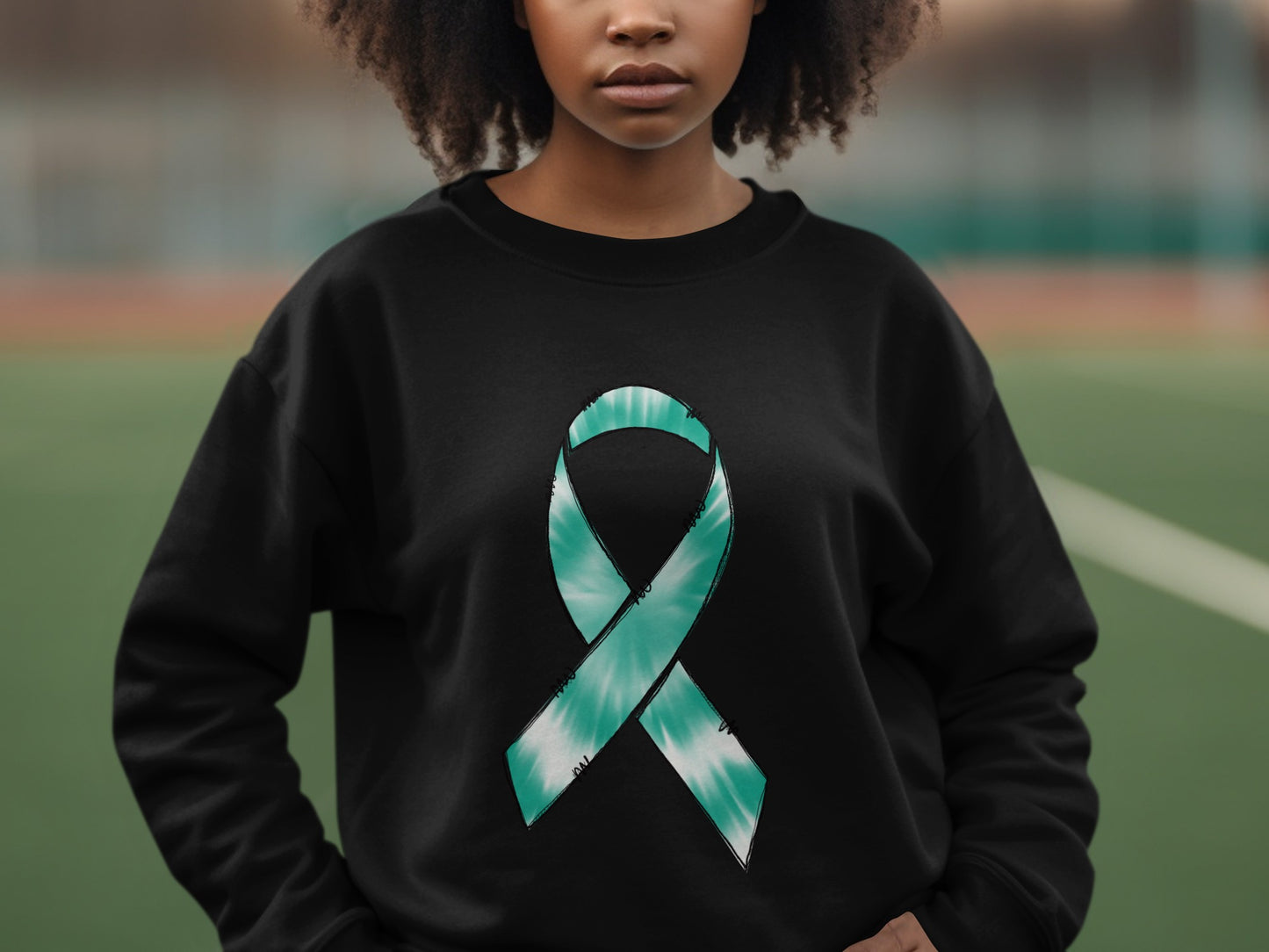 Teal Awareness Ribbon on Black Long Sleeve Shirt