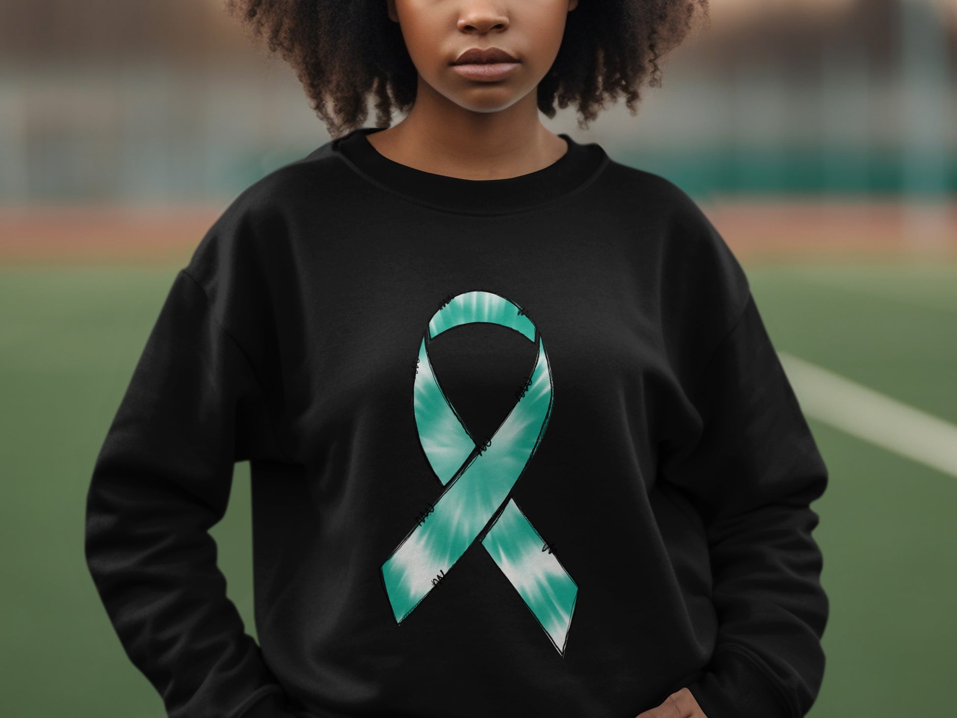 Teal Awareness Ribbon on Black Long Sleeve Shirt