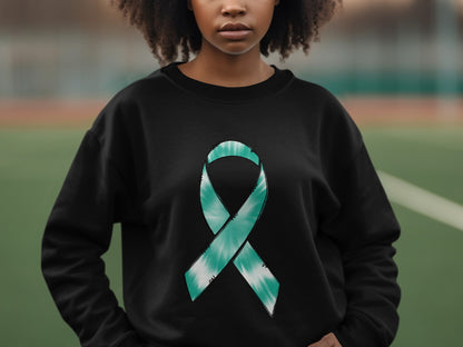 Teal Awareness Ribbon on Black Long Sleeve Shirt
