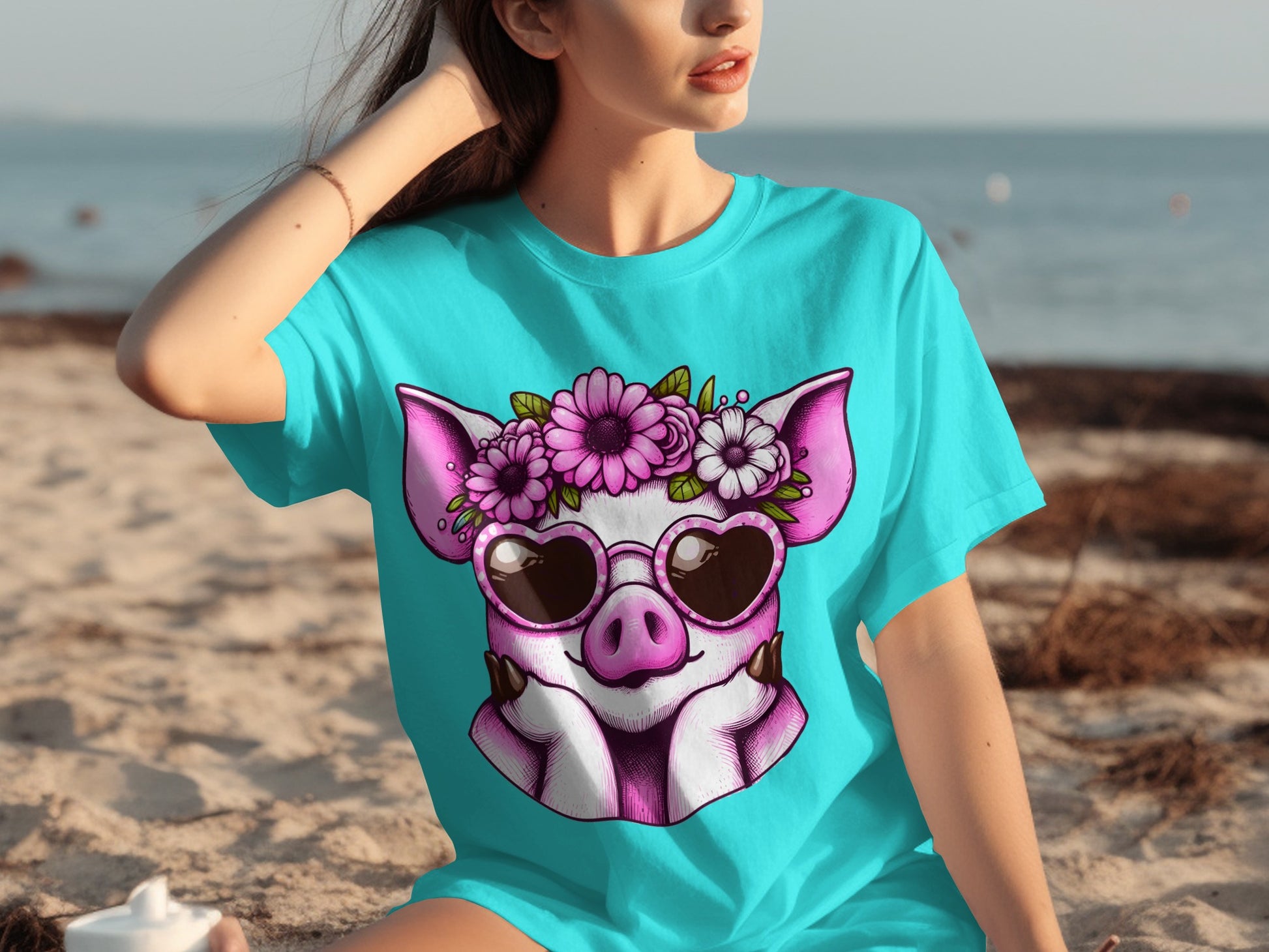 Cute Pig Wearing Sunglasses and Flowers T-Shirt
