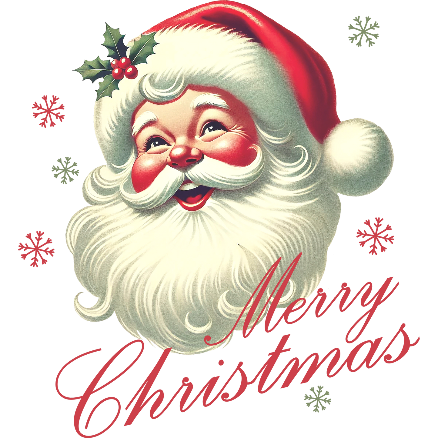 Jolly Santa Claus with Holly and Merry Christmas Snowflakes