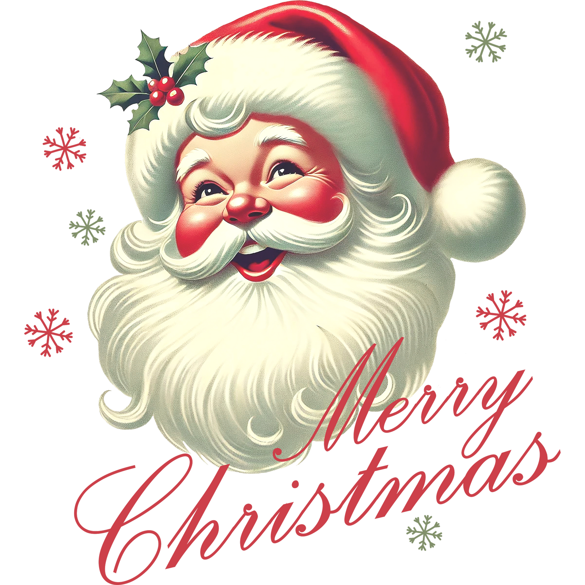 Jolly Santa Claus with Holly and Merry Christmas Snowflakes