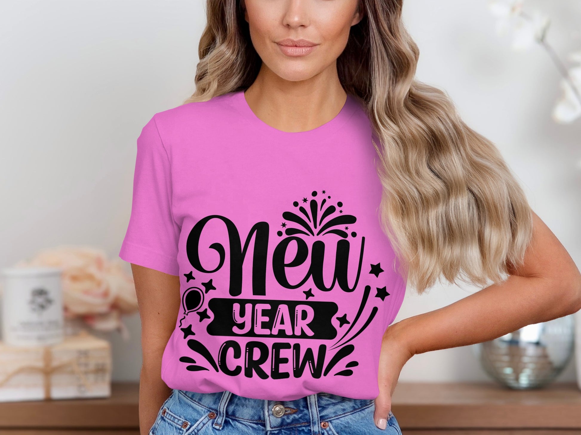 New Year Crew Festive Pink Graphic Print T-Shirt