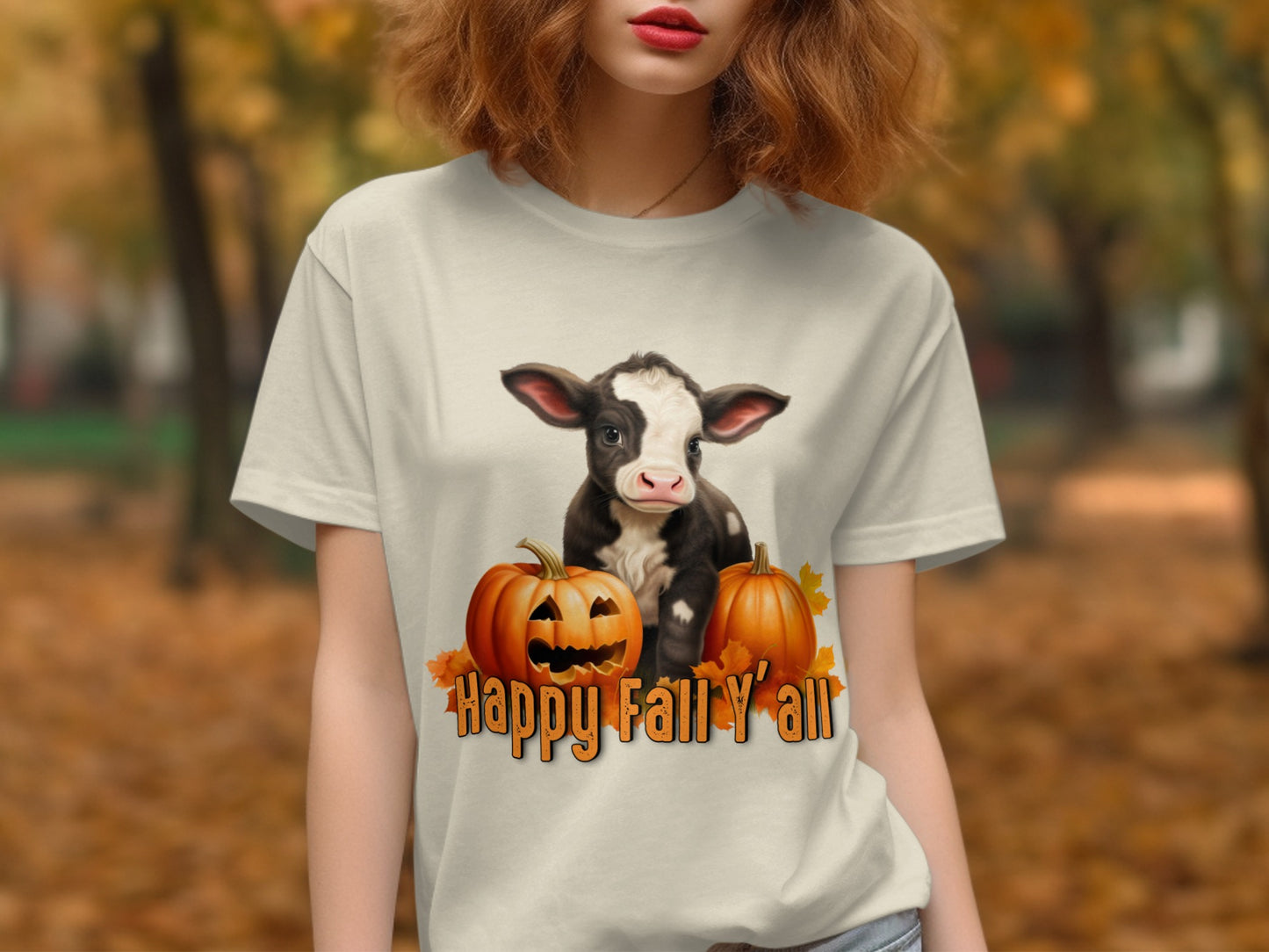 Happy Fall Y'all Cow Pumpkin Themed T-shirt