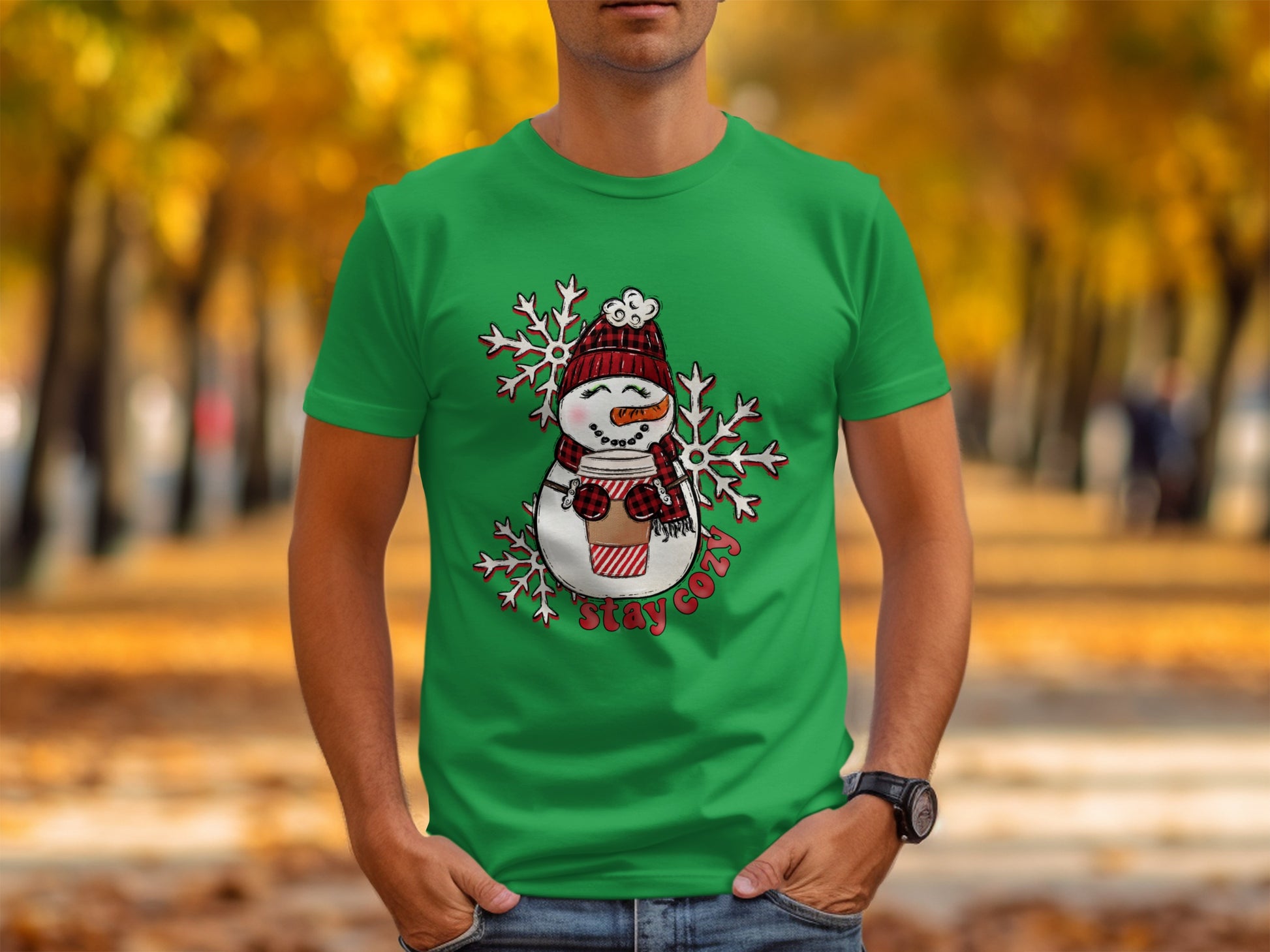 Stay Cozy Snowman Graphic on Green T-Shirt Product