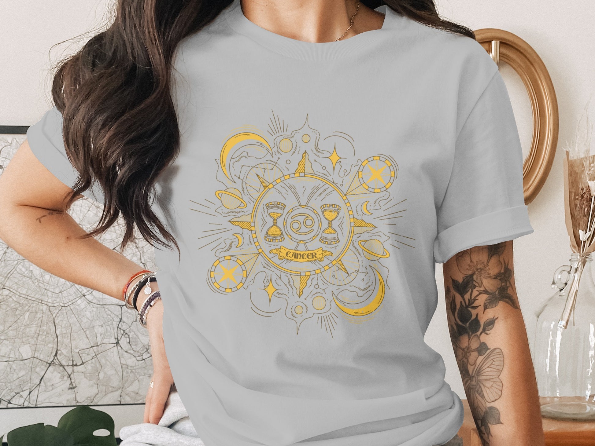 Zodiac Sign Cancer Graphic Tee with Astrological Symbols
