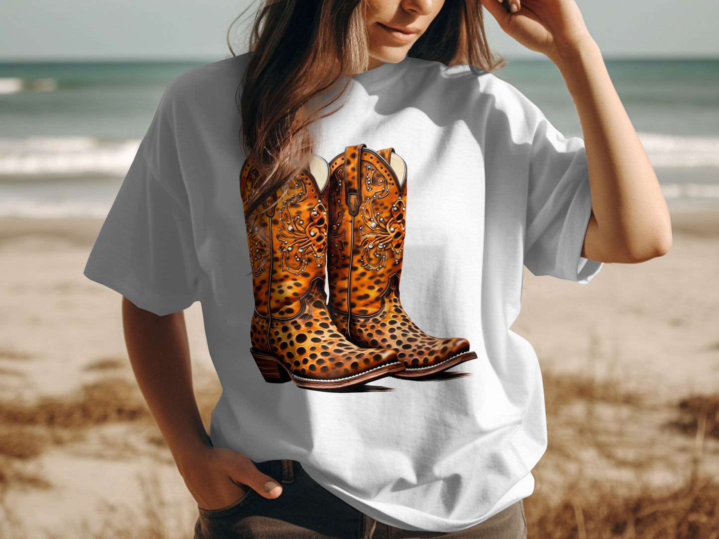 Vibrant Cowboy Boots Graphic on White Casual T-shirt
