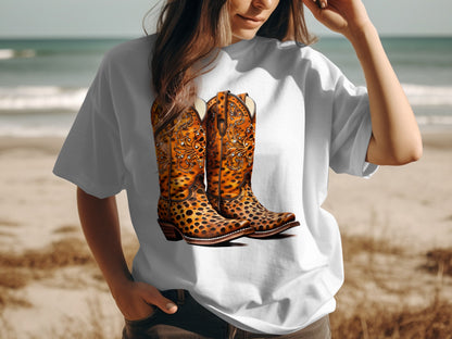 Vibrant Cowboy Boots Graphic on White Casual T-shirt