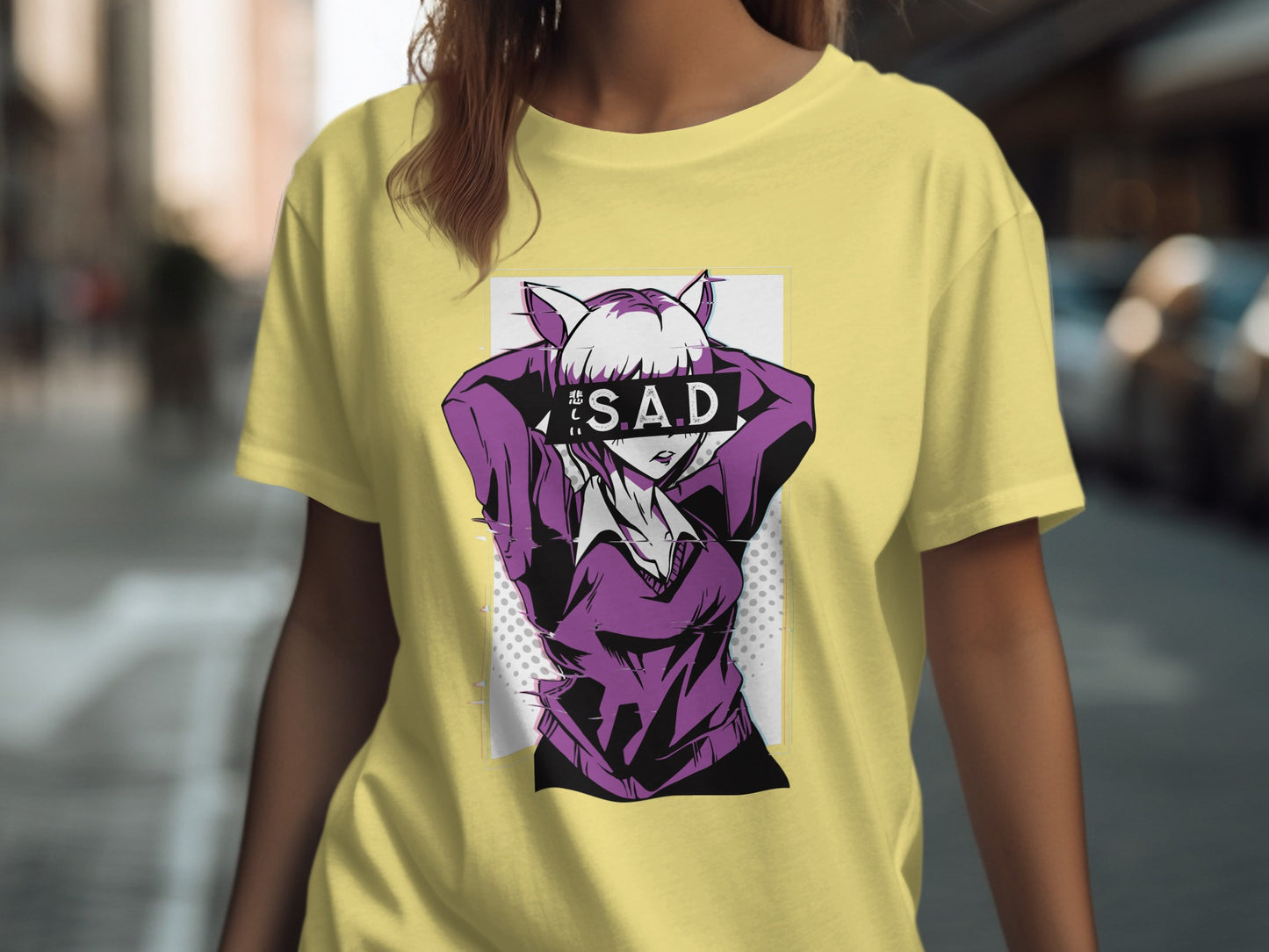 T-shirt with S.A.D graphic design in purple and yellow