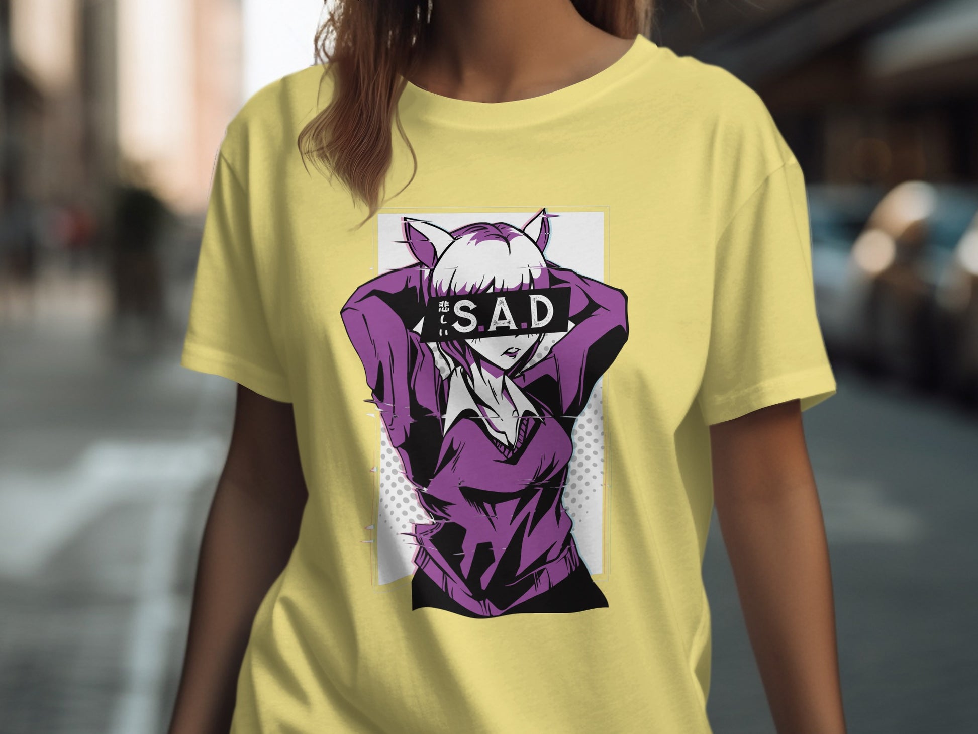 T-shirt with S.A.D graphic design in purple and yellow