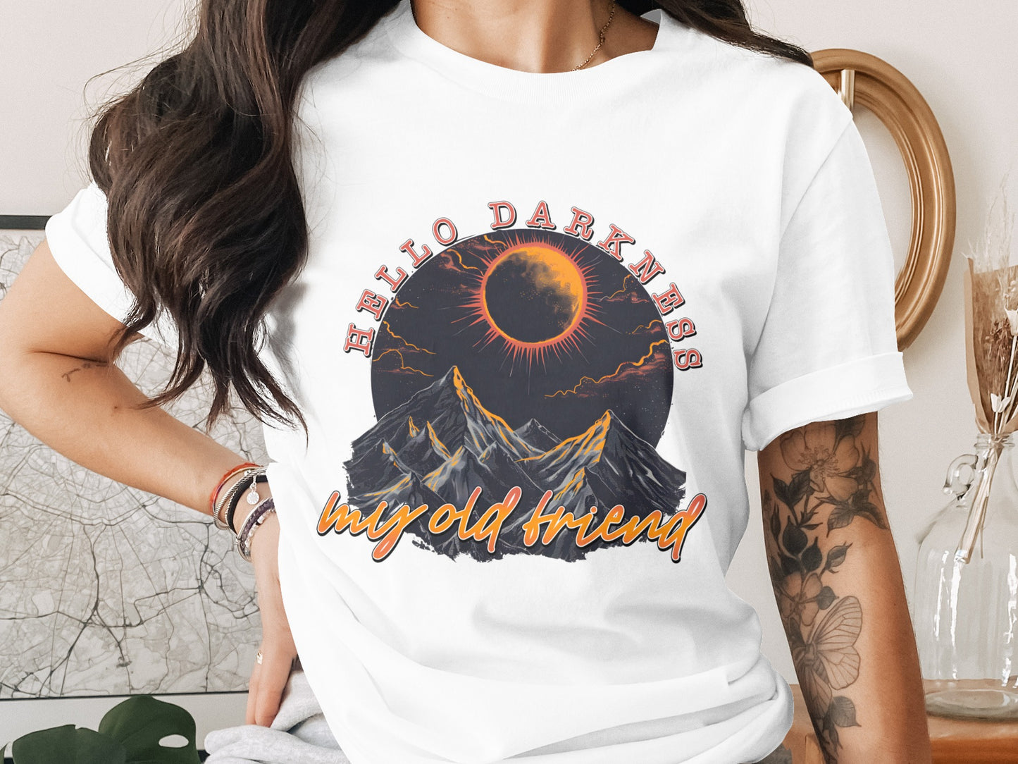 Hello Darkness T Shirt, My Old Friend Tee, Mountains and Eclipse T Shirt, Spooky Season Shirt, Goth Shirt, DTF Transfer, Ready to Press