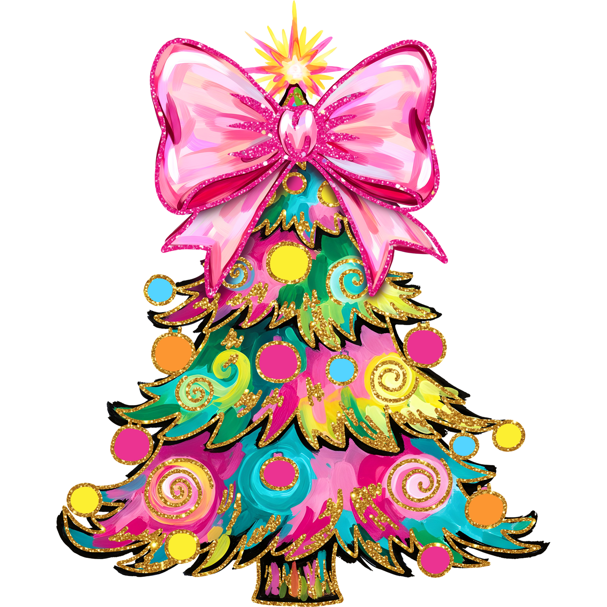 Colorful Decorative Christmas Tree with Pink Bow Design