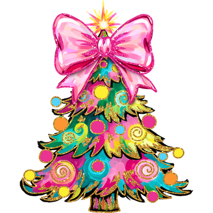Colorful Decorative Christmas Tree with Pink Bow Design