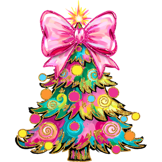 Colorful Decorative Christmas Tree with Pink Bow Design