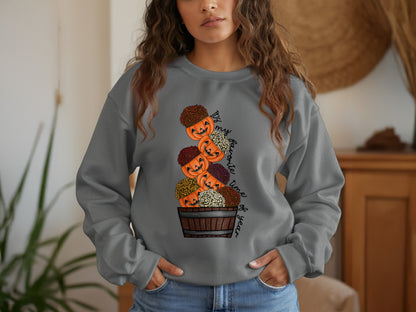 Whimsical Pumpkin Stack Halloween Sweatshirt