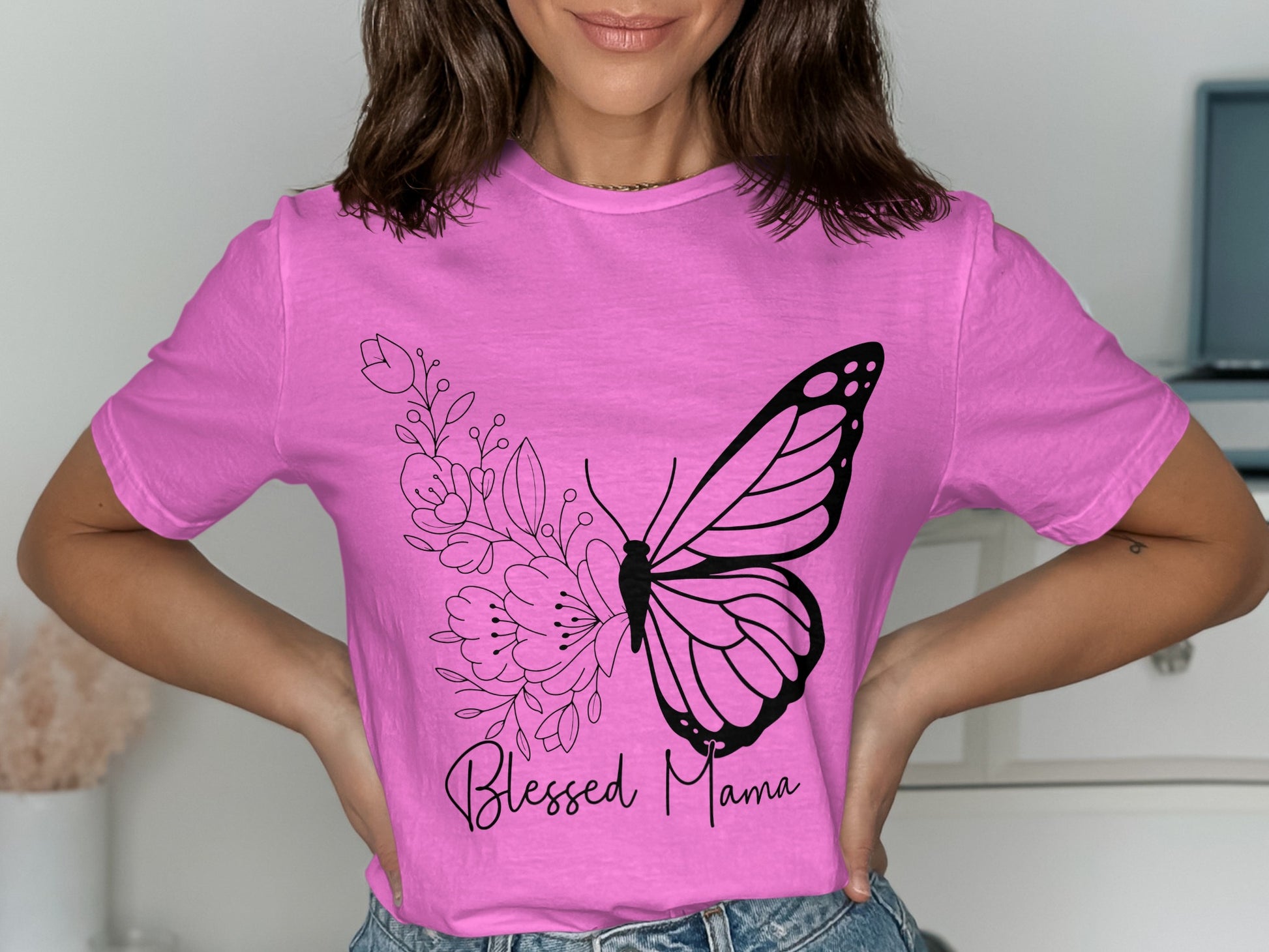 Blessed Mama Butterfly Illustration T-Shirt
