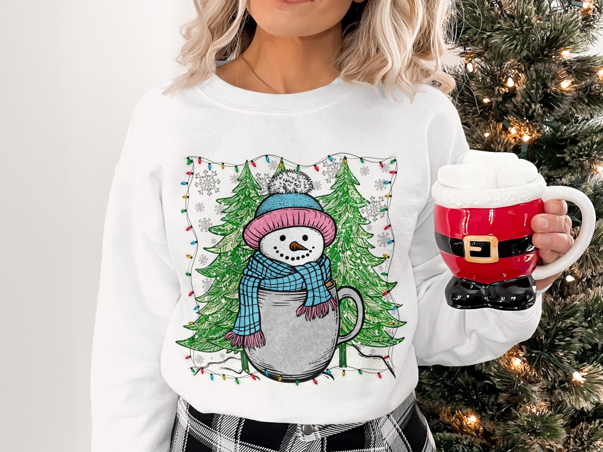 Cozy Snowman in Cup Christmas Themed Sweatshirt