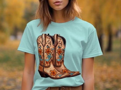 Colorful Floral Cowboy Boots T-Shirt Design for Women