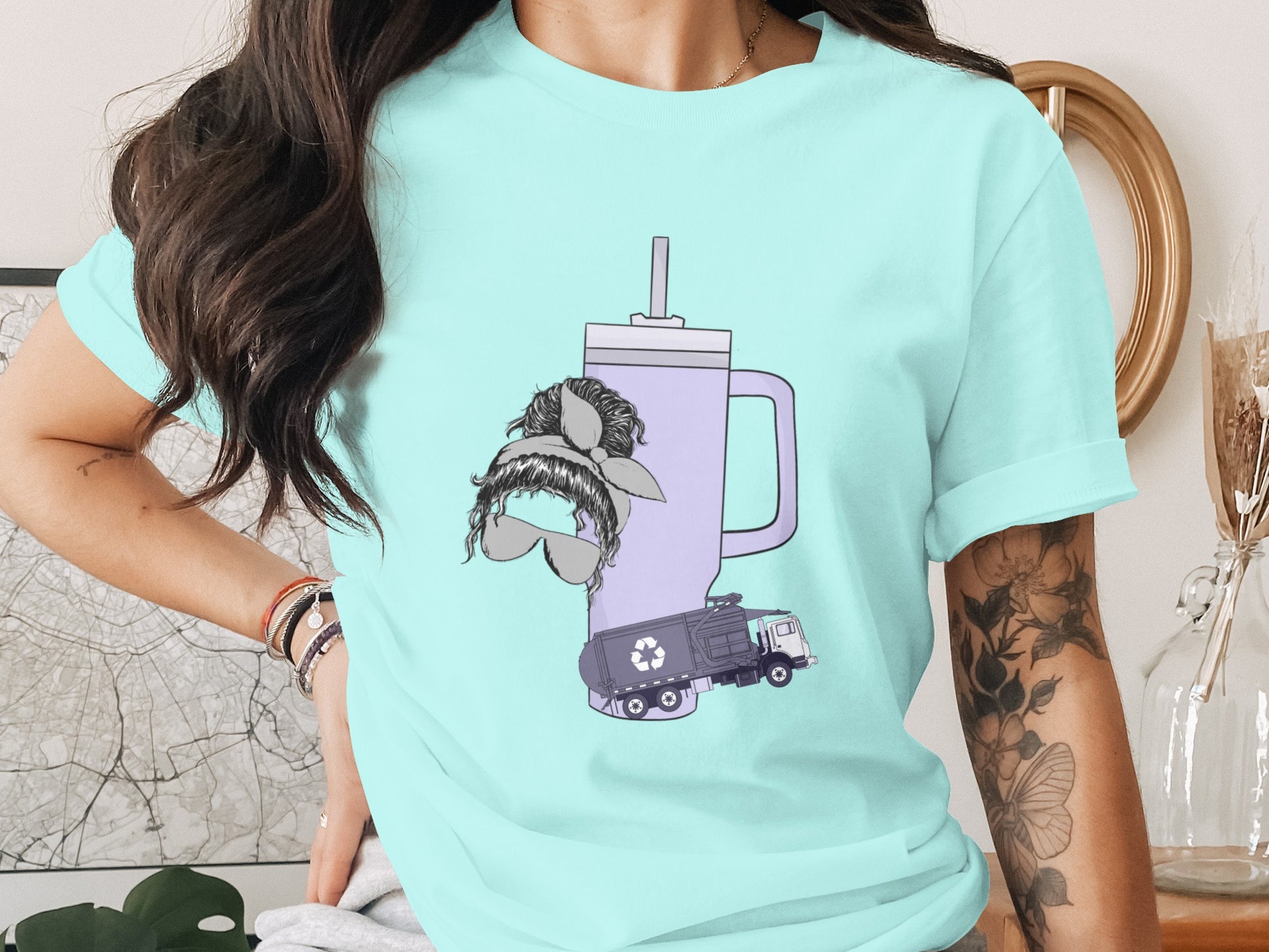 Funky Mustached Tumbler with Recycling Truck Design Tee