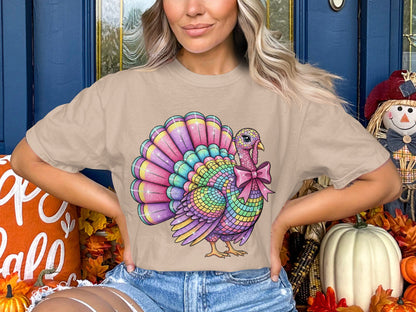 Colorful Turkey Print T-Shirt for Autumn Festivities
