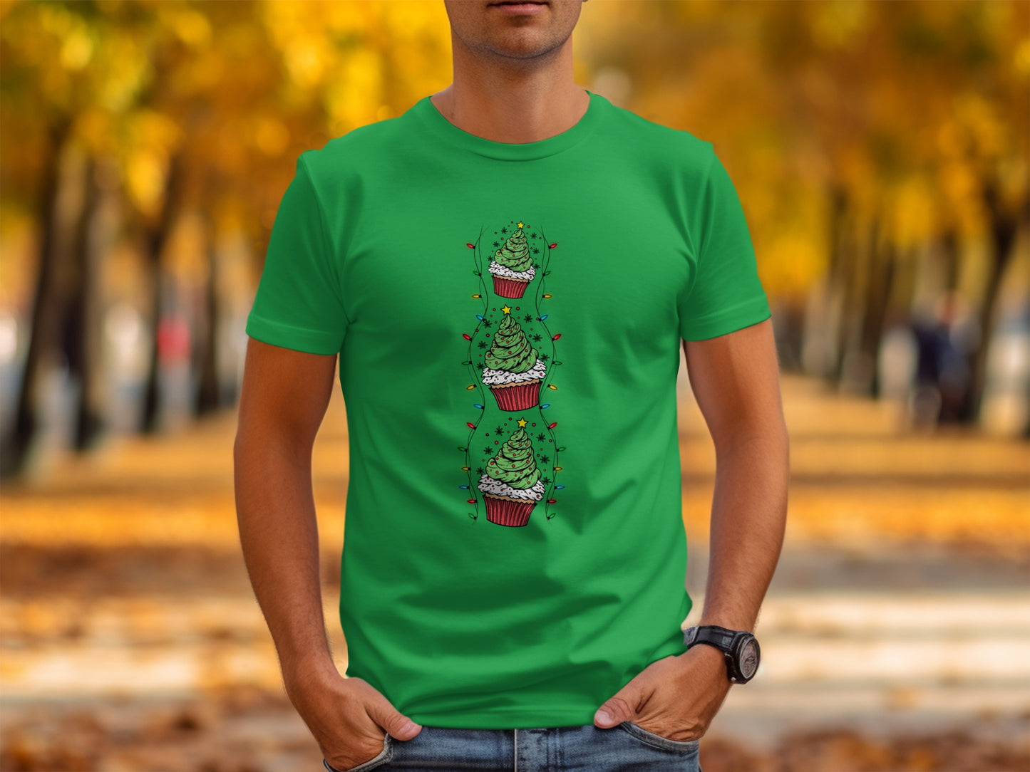 Festive Cupcake Christmas Tree Design T-Shirt Product