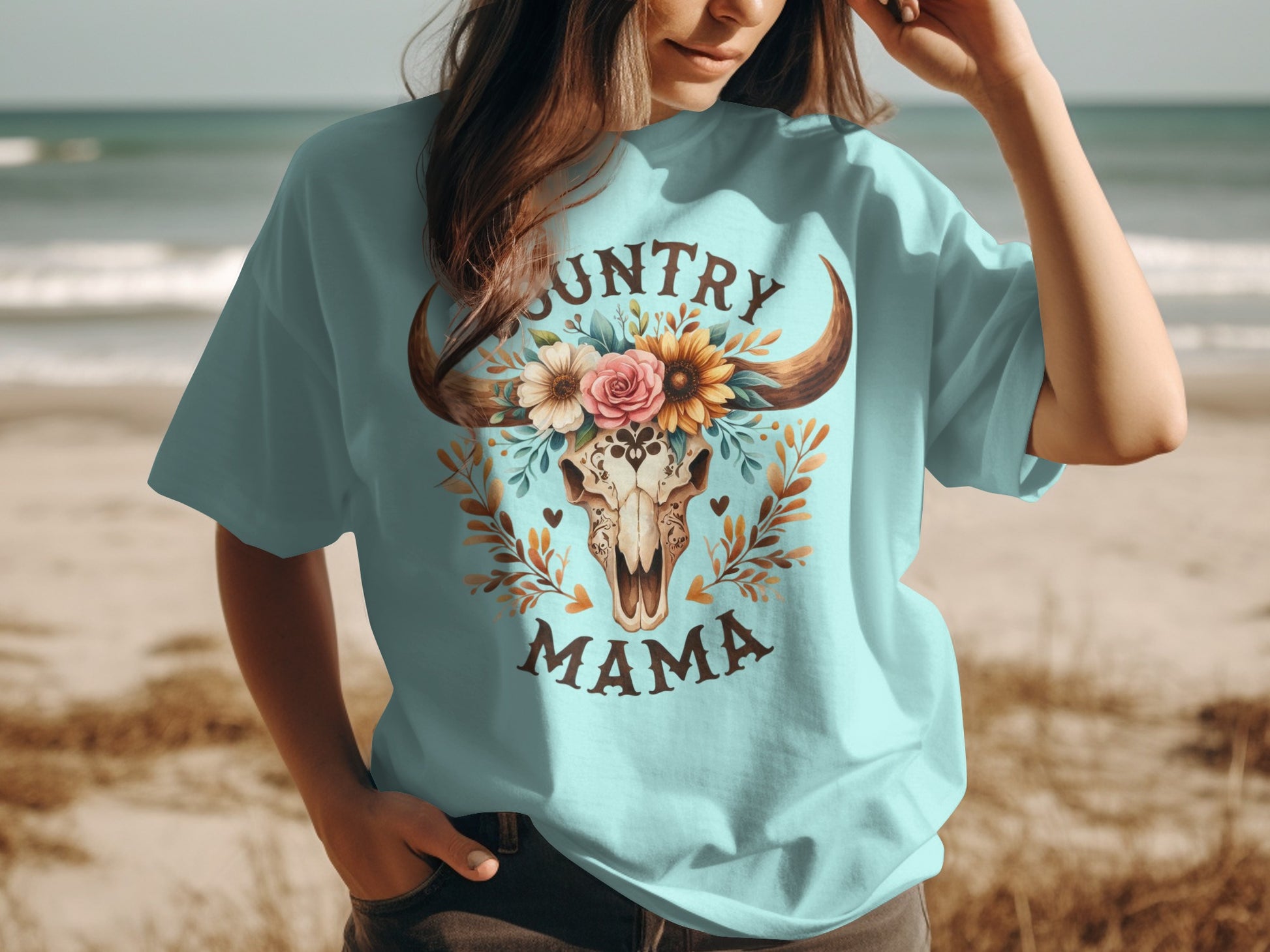 Country Mama Graphic Tee with Floral Skull Design