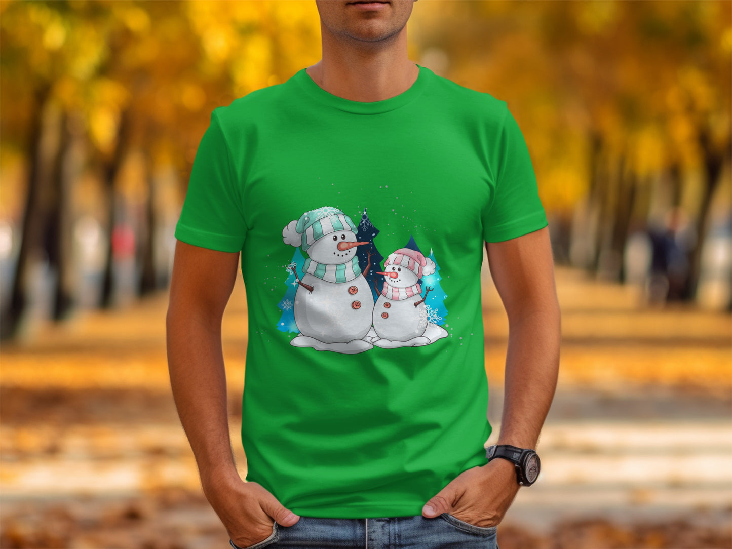 Festive Snowman Design Green Short Sleeve T-shirt