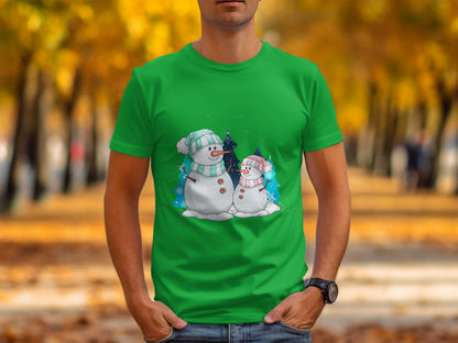 Festive Snowman Design Green Short Sleeve T-shirt