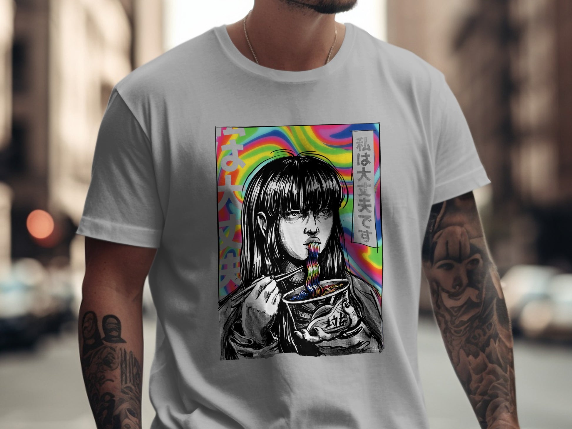 Vibrant Anime Character Eating Noodles Graphic Shirt