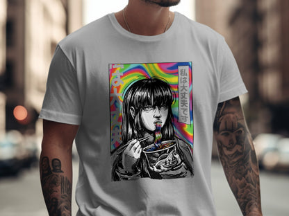 Vibrant Anime Character Eating Noodles Graphic Shirt