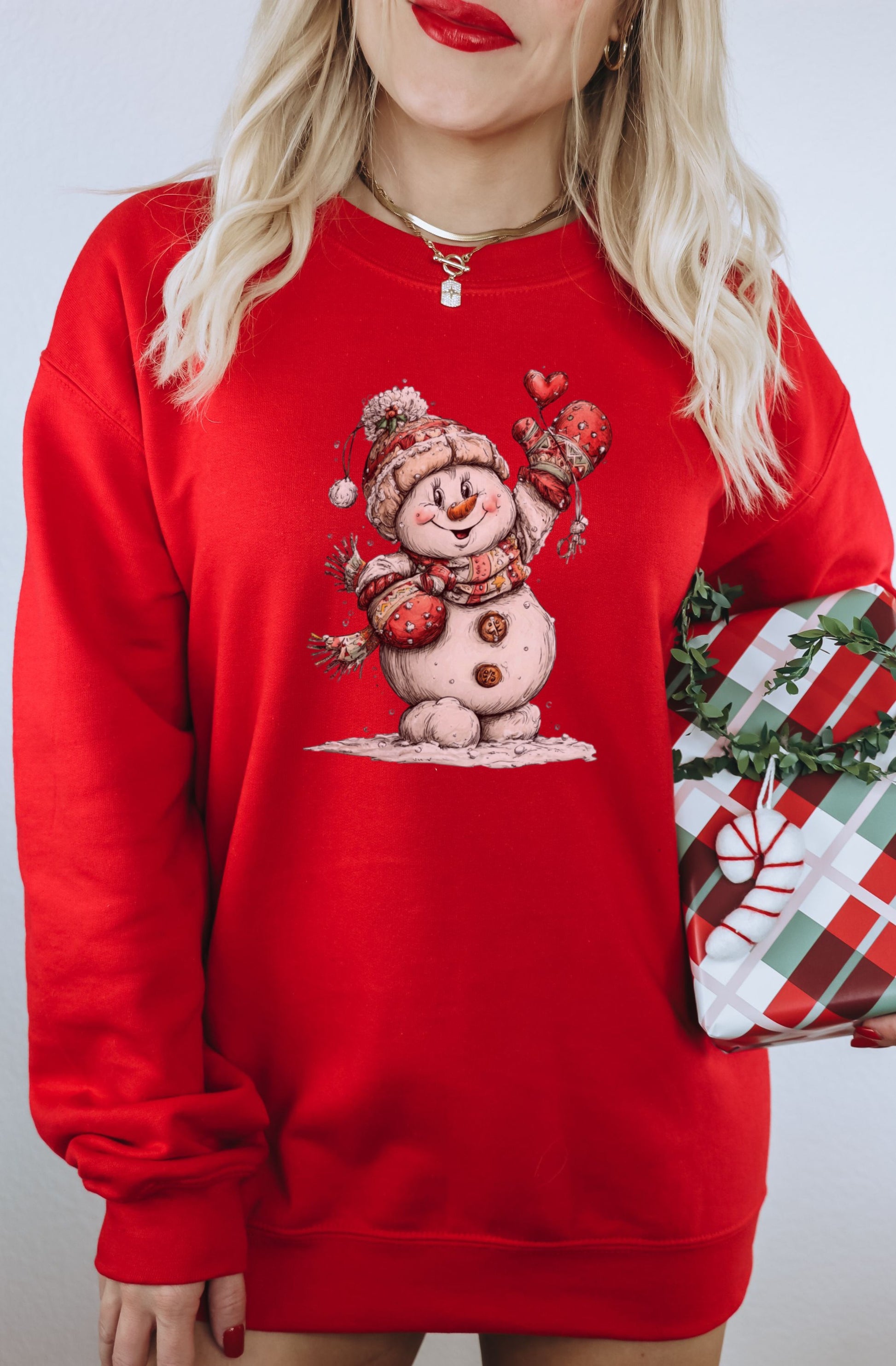 Snowman Design Red Holiday Sweatshirt