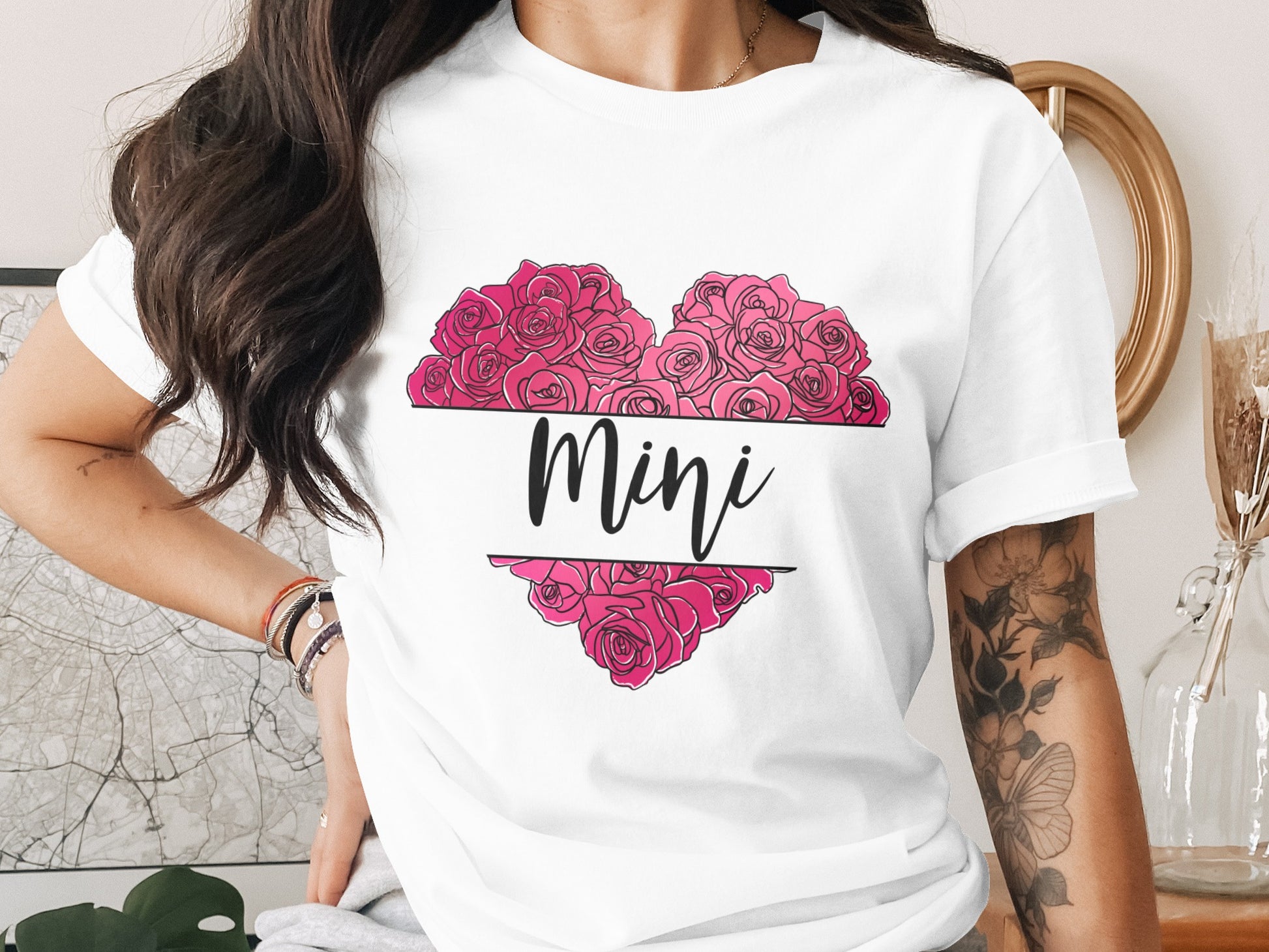 Pink Roses Heart with Mini Typography T-Shirt