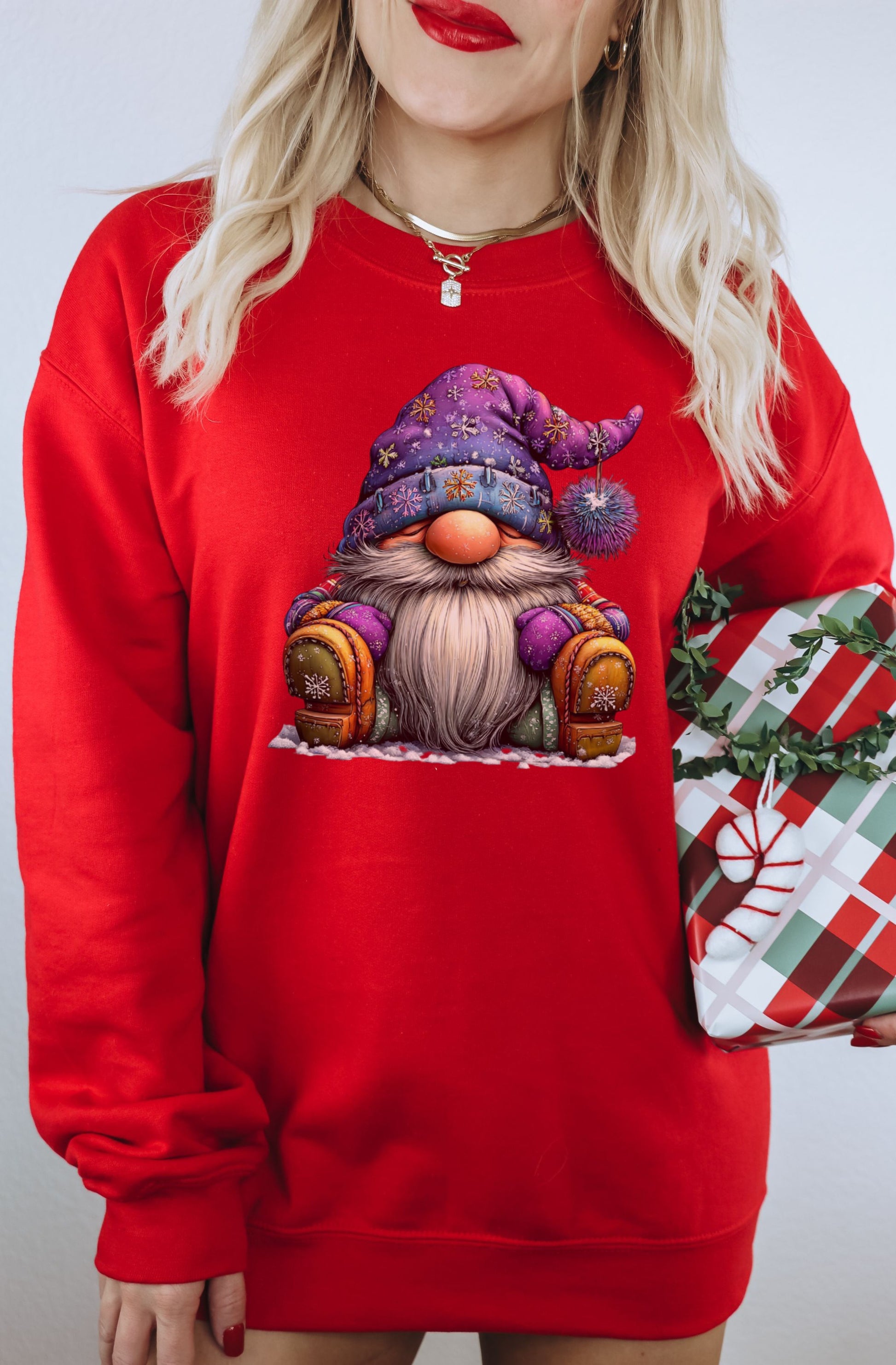 Festive Red Sweatshirt with Cute Holiday Gnome Design