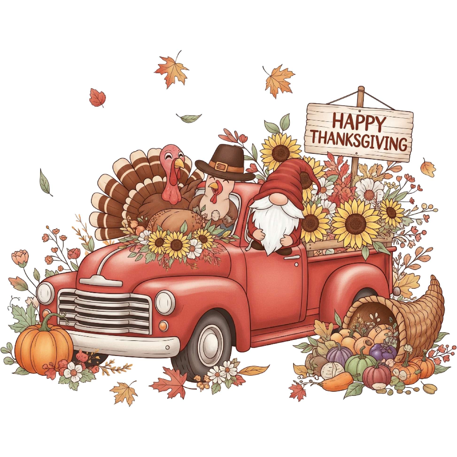 Festive Thanksgiving Red Truck with Gnomes and Turkey