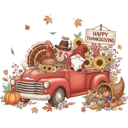 Festive Thanksgiving Red Truck with Gnomes and Turkey
