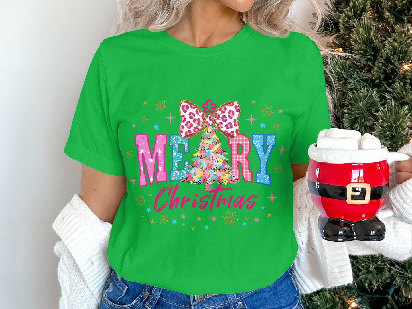 Merry Christmas Tree Bow Graphic Holiday Shirt