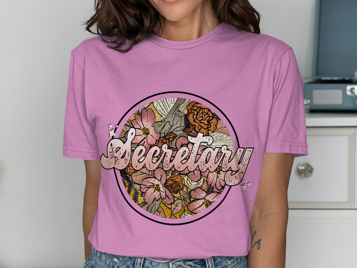 Secretary Graphic Tee with Florals Design