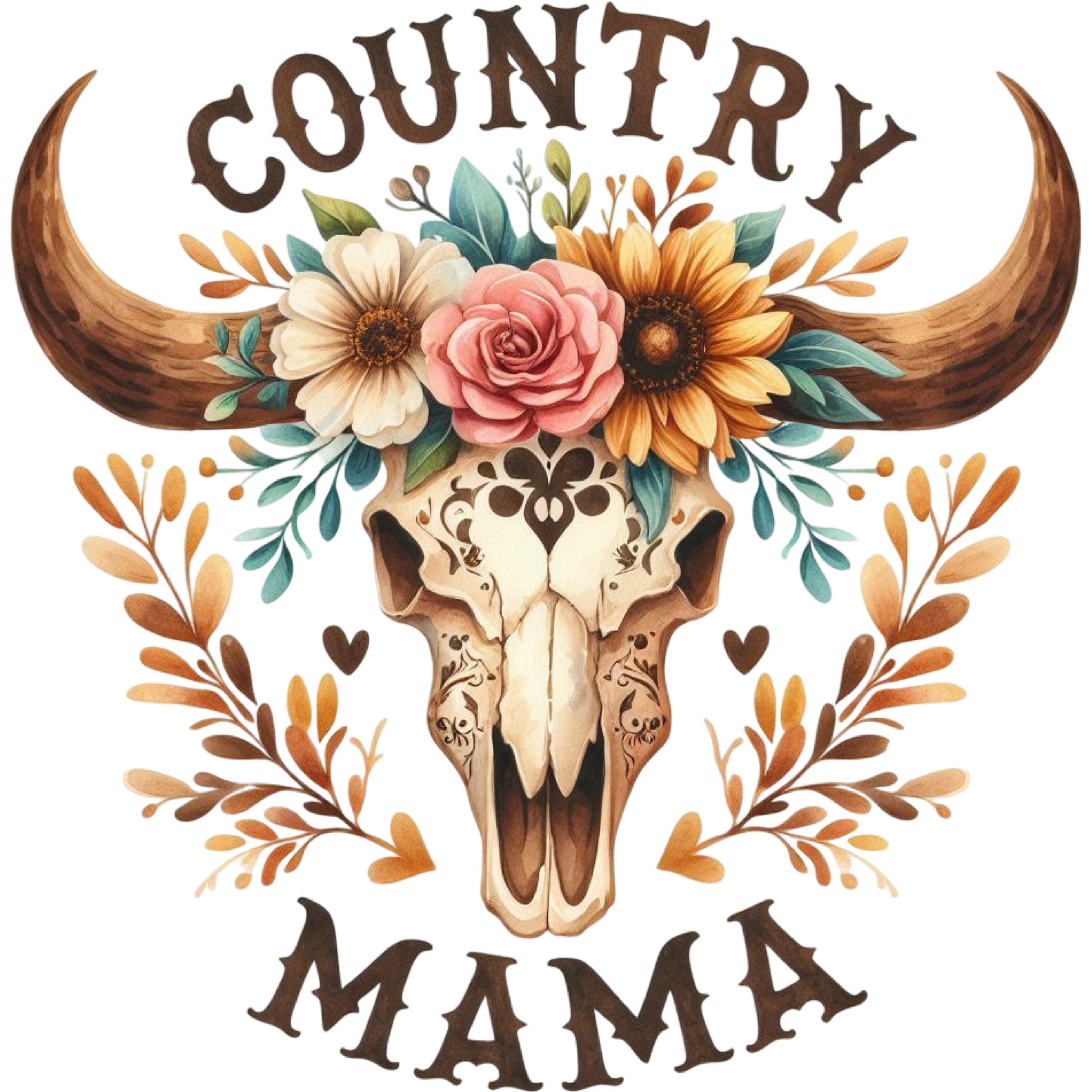 Country Mama Floral Cow Skull Art Print