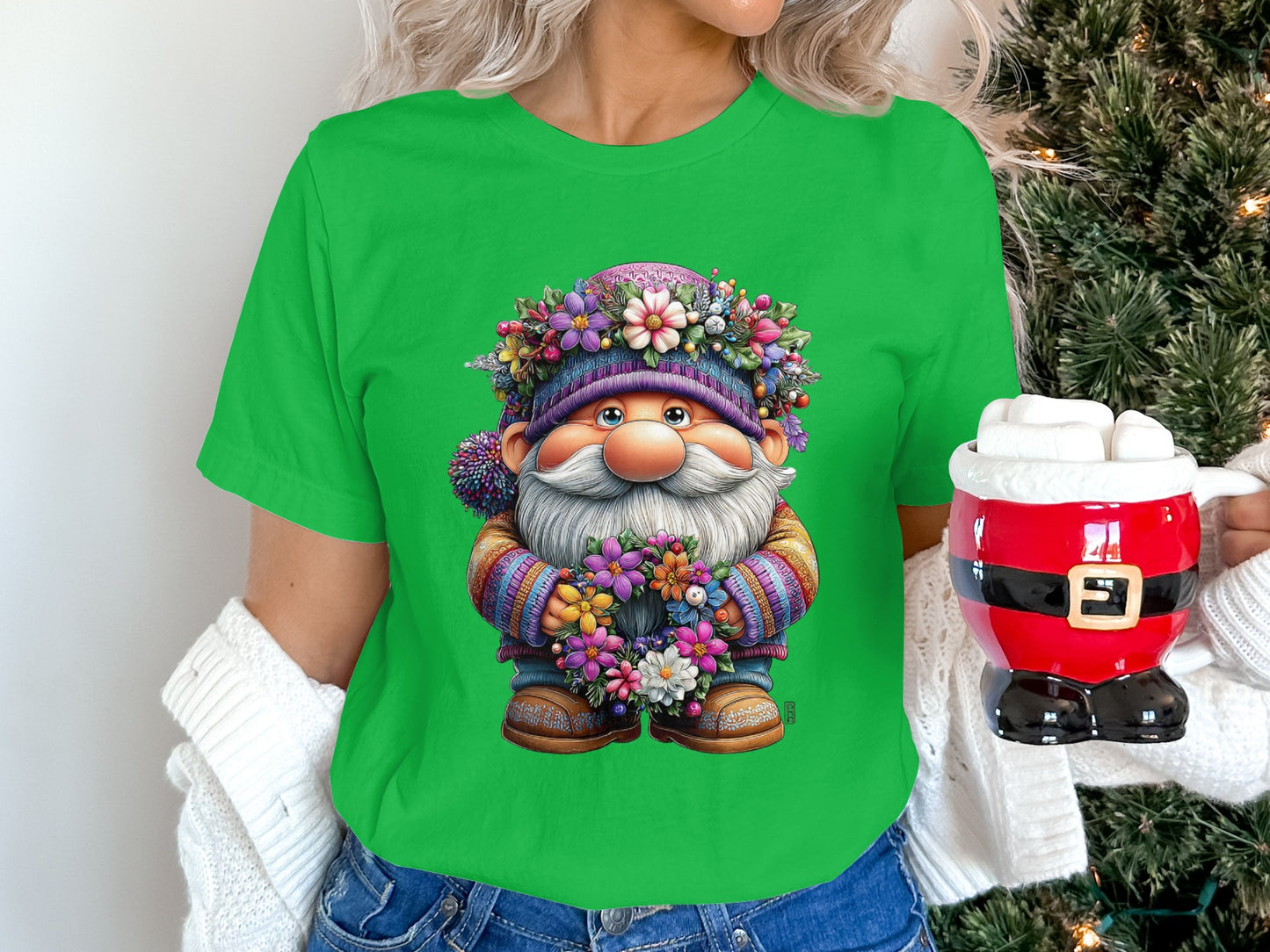 Cheerful Holiday Gnome Holding Flowers Shirt